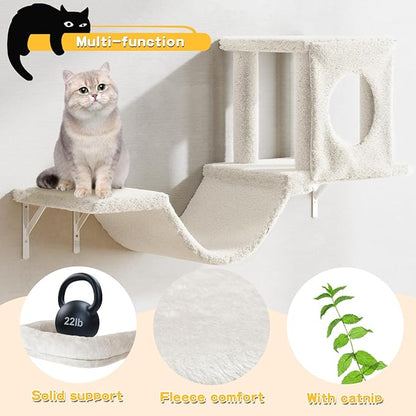 NUNU LAB Cat Wall Shelves, 6 Pcs Luxury Wall-Mounted Cat Climber Set, Indoor Cat Furniture with 1 Condos House, 2 Cat Wall Shelves, 1 Scratching, 1 Bridge Ladder, 1 Scratching Pad, Beige