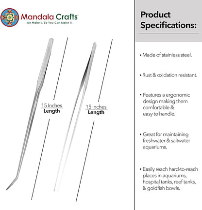 Mandala Crafts 15 Inches Silver Stainless Steel Straight and Curved Aquarium Tweezers for Aquatic Plants – Long Aquascape Forceps for Fish Tanks, Hospital Tanks, Goldfish Bowls, and Terrariums
