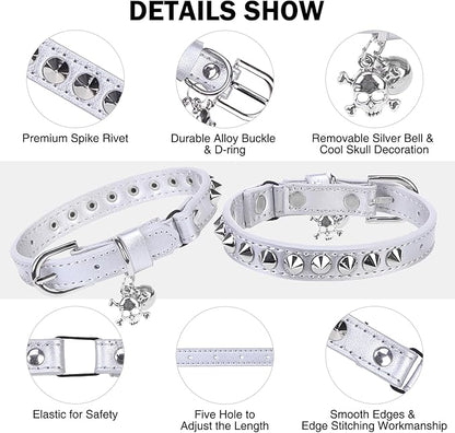 Leather Cat Collars for Boy Girl Cats with Bell and Safety Elastic Belt, Personalized Rivets Stud Adjustable Safe Buckle Collar with Skull Charm for Kitty Small Pets, Halloween Cat Collar