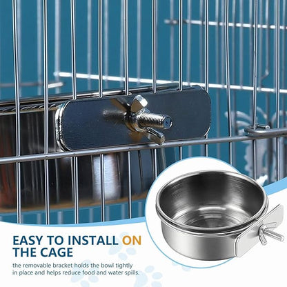 2Pcs Stainless Steel Bird Feeding Bowls, Small Bird Feeding Cup, Stainless Steel Parrot Food Bowl Cage with Holder, Parrot Cage Water Feeder, Pet Cage Cup Holder (Dia 4.72", 5.51",)