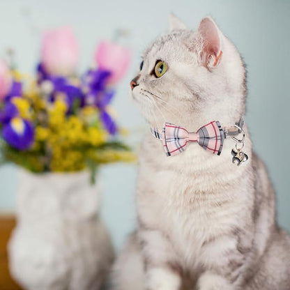 SCENEREAL Plaid Cat Collar with Bow Bandana - 2 Pack Breakaway Kitten Collar with Removable Bowtie Bell, Adjustable Cute Cat Collar for Cats Kittens, Beige