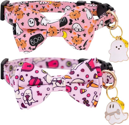 Faygarsle 2 Pack Breakaway Cat Collar Collection - Ghosts Pattern Cat Collar with Bell - Seasonal Holiday Bowtie - Fall - Pink, Purple