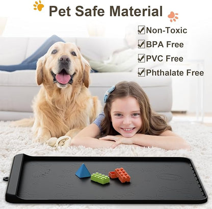 Dog Food Mat - Silicone Dog Mat for Food and Water - 36" x 24" Large Pet Feeding Mats with Residue Collection Pocket - Waterproof Cat Bowl Mat with High Edges to Prevent Water Food Spills (Black)
