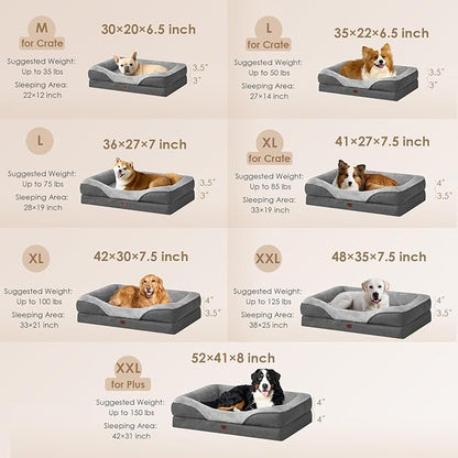EHEYCIGA Orthopedic Dog Bed for Large Sized Dog, 36x27x7 Inch Large Memory Foam Dog Couch Bed with Sides, Waterproof Liner & Washable Removable Cover, Bolster Pet Sofa, Grey