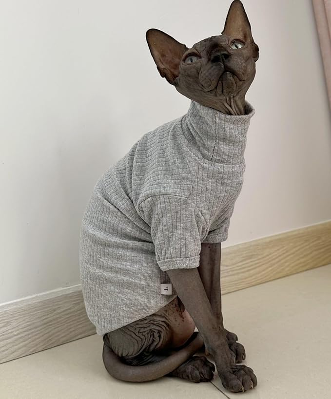 Sphynx Hairless Cats Shirt Cotton Cat Turtleneck Sweater Pullover Kitten T-Shirts with Sleeves Cat Pajamas Jumpsuit for Sphynx Cornish Rex, Devon Rex, Peterbald (XX-Large (Pack of 1), Light Grey)