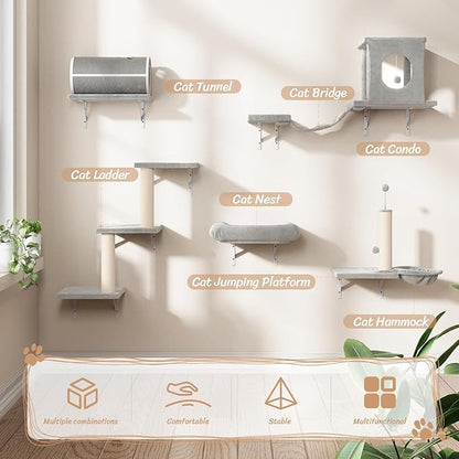 NUNU LAB Cat Wall Shelves Set, 7 Pcs Wall-Mounted Cat Climber with Cat House, Tunnel, Bridge, Scratching Post, Hammock, Wall Shelves, Gray