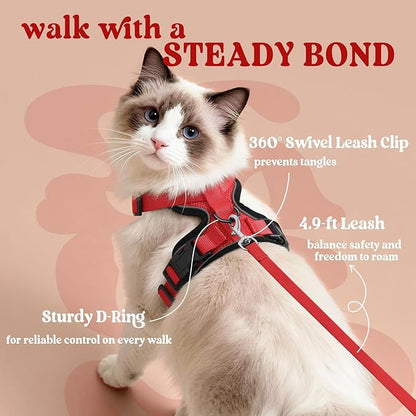 rabbitgoo Cat Harness and Leash for Walking, Escape Proof Soft Adjustable Vest Harnesses for Cats, Easy Control Breathable Reflective Strips Jacket, Red, M