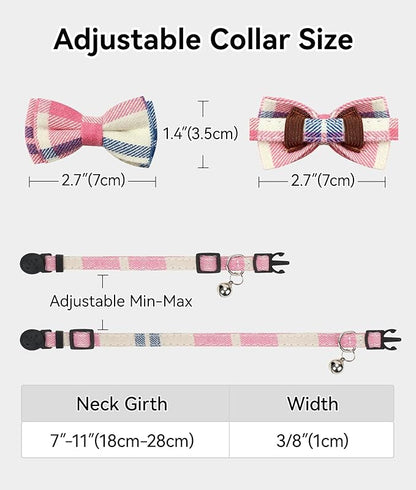 Joytale Upgraded Cat Collar with Bells, Breakaway Cat Collars with Bow Tie, 1 Pack Girl Boy Safety Plaid Kitten Collars, Pink