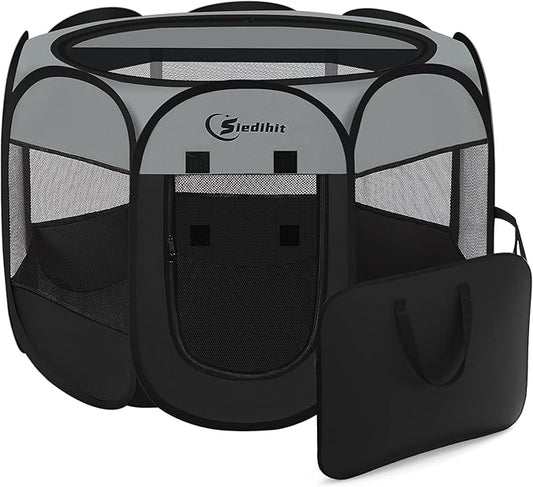 Dark Grey Dog Cat Playpen, Puppy Pet Playpen, Small Dogs Tent Crates Cage Indoor/Outdoor, Portable Pop Up Dog Kennel Playpen with Carrying Case for Dogs/Cats/Rabbits