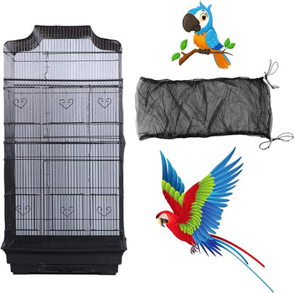 Bird Cage Seed Catcher, Large Airy Gauze Seeds Bird Cage Cover Guard Adjustable Bird Cage Cover Birdcage Seed Feather Catcher Universal Birdcage Parrot Bird Nylon Mesh Net Cover(L-118x16 in, Black)