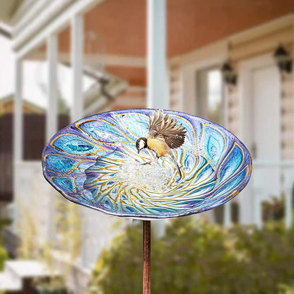 VCUTEKA Glass Bird Bath Outdoor BirdBath Garden Bird Feeder with Metal Stake