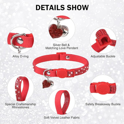Rhinestone Cat Collar Breakaway with Bell, Diamond Cat Collar with Safety Buckle Quick Release for Girl Boy Small Kitten Pets Puppy,Cute Soft Female Male Cat Collars, Christmas 8-12"