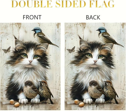 Cat and Birds Garden Flag 12x18 Inch Double Sided Outdoor Yard Banner Fluffy Kitten with Songbirds Design for Spring Summer Porch Lawn Home Decoration