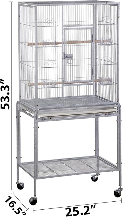 SUPER DEAL 53-Inch Rolling Bird Cage Large Wrought Iron Cage for Cockatiel Sun Conure Parakeet Finch Budgie Lovebird Canary Medium Pet House with Rolling Stand & Storage Shelf, White