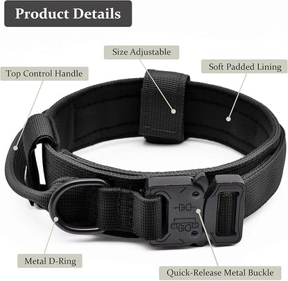 Tactical Dog Collar, Adjustable Military Training Nylon Dog Collar with Control Handle and Heavy Quick-Release Metal Buckle for Small Medium Large Dogs, Black XL