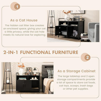 Giantex Cat Litter Box Enclosure - Cat Washroom Hidden Furniture with Front Entry, Scratcher, 2-Door Storage Cabinet, 2 Compartments, Air Vents, Metal Frame, Wooden Pet Crate House (Black)
