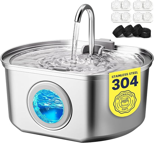 Cat Water Fountain Stainless Steel: 108oz/3.2L Cat Fountain for Drinking - Pet Water Fountain Inside - Automatic Dog Watering Dispenser Bowl - Pet Feeding & Watering Supplies - Water Level Window
