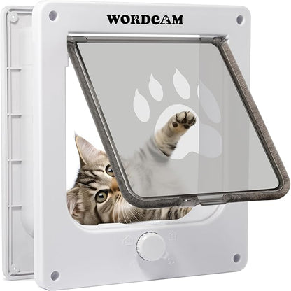 Wordcam Medium Cat Door Flap, 4 Way Locking Cat Door for Interior Exterior Doors, Pet Door for Cats Kitty Kittens Doggies, Robust, Weather-Resistant (White, M)