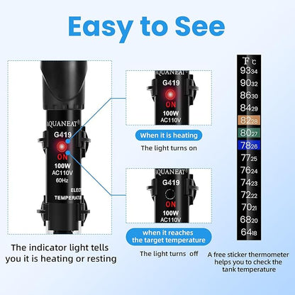 AQUANEAT Aquarium Heater, 100W Fish Tank Heater, Adjustable Submersible Water Thermostat with Thermometer