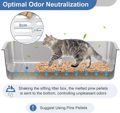 Stainless Steel Sifting Litter Box with Lid, XXL Extra Large Sifting Cat Litter Box for Pine Pellets & Big Cats,Metal Pellet Sifter Litter Pan System for Odor Control,Sifting Box Liners & Scoop