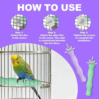 2pcs Bird Beak Grinding Stone, Resin Anti-Slip Beak Grinder Stone Bird Nail Trimming Claw Trimmer Perches Parrot Cage Stand Toys for Budgie Cockatiel Conure Parakeet Cage Accessories (Green, Purple)