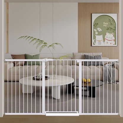 Fairy Baby 38" Extra Tall Baby Gate for Stairs, 76.4"-81.8" Extra Wide Large Pet Gate for Doorways, Metal Pressure Mounted Auto Close Safety Child Dog Gate Indoor for Toddler Kids or Pets, White