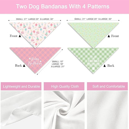 Birthday Dog Bandanas, Double Side All 4 Patterns Reversible Large Pet Bandanas 2 Pack, Celebration Set, Plaid Adjustable Triangle Holiday Pink Green Scarves for Dogs Girl Boy Pets