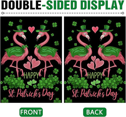 Dyrenson Happy St Patricks Day Flamingo 28 x 40 House Flag Double Sided, Lucky Shamrock Clover Black Garden Yard Decoration, Spring Irish Love Hearts Burlap Outdoor Decor Decorative Large Flag