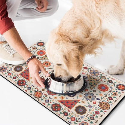 Moroccan Trellis Dog Food & Water Mat, Boho Colorful Vintage Pet Feeding Mat for Floor Non-Slip Waterproof, Super Absorbent Cat Bowl Mat, Easy to Clean Durable Pet Placemat,17" × 30"