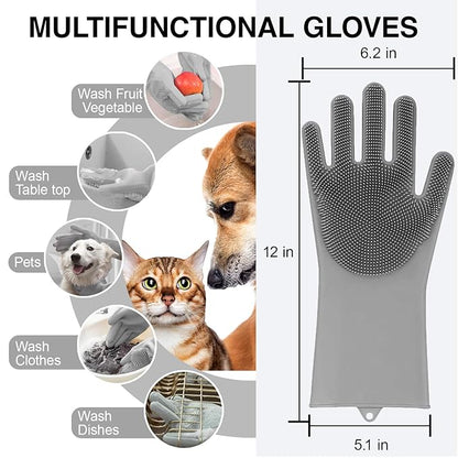 Dog Washing Gloves for Shedding & Bathing - 5-Finger Deshedding & Massage Gloves for Dogs & Cats, Reusable Heat-Resistant Silicone Brush Gloves, Gentle Hair Removal & Bathing Aid (Pair) (Grey)