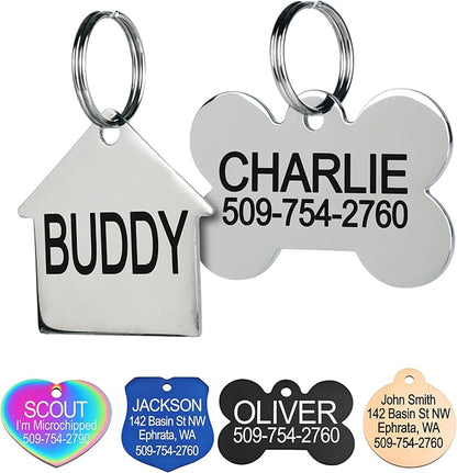 GoTags Stainless Steel Pet ID Tags, Personalized Dog Tags and Cat Tags, up to 8 Lines of Custom Text, Engraved on Both Sides, in Bone, Round, Heart, Bow Tie and More