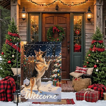 German Shepherd Welcome Garden Flag 12x18 Inch Double Sided Winter Christmas Burlap Yard Banner Outdoor Dog Lover Holiday Seasonal Decor for Home