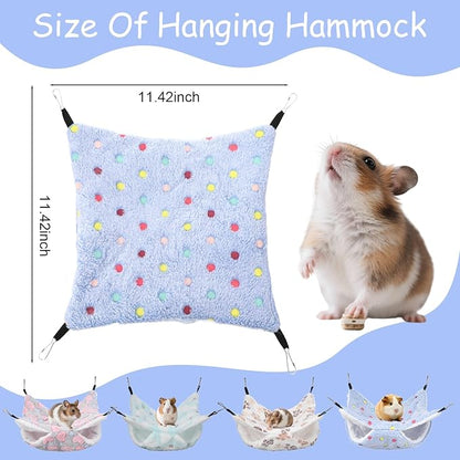 4 Pack Small Animal Hammock, 11.4x11.4 Inch Guinea Pig Rat Ferret Hanging Bed with Metal Hooks, Fleece Cage Accessories for Chinchilla Sugar Glider, 4 Colors