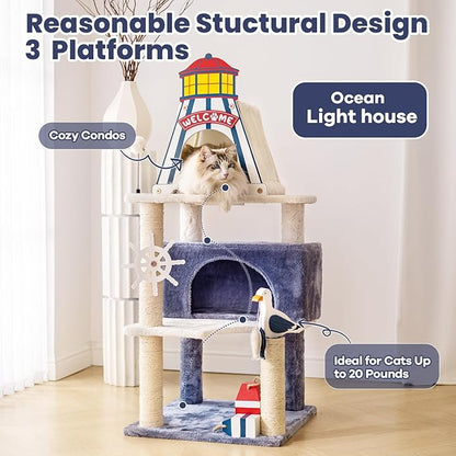 HYABi 48.5-Inch Novelty Lighthouse Seagull Wheel Buoy Cat Tree Tower Condo Bed Furniture Plush Ball Toy Fish Platforms Multi-Level with Scratching Posts Play for Indoor Cats