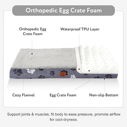 Waterproof Orthopedic Dog Bed for Large Medium Sized Dogs 35x22 Inch - Egg Crate Foam Pet Crate Bed with Removable Washable Cover, Plush Top Anti-Slip Bed Mat, Dark Grey