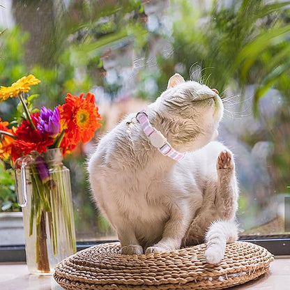 Elegant little tail 2 Pack Cat Collar-Pink Strip Cotton Breakaway Cat Collars with Bell Pendant Kitten Girl Safety Adjustable Collar for Small Cats Puppy