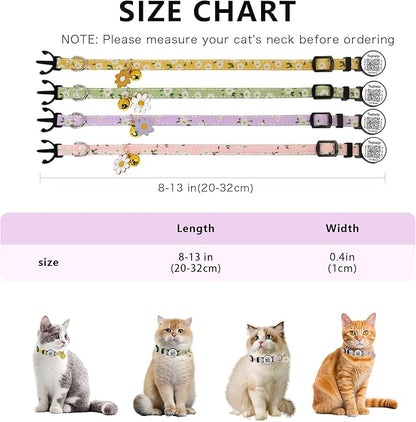 4 PCS Cute Flower Cat Collar with QR Code ID, 4-Pack Safety Breakaway Kitten Collars Set with Bell, Adjustable Gift for Cat Lovers