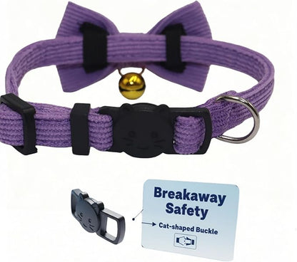 THAIN Cat Collar with Bow Tie and Bell, Breakaway Adjustable Cute Soft Corduroy Kitten Collars Safety Buckle for Girl Cats (Solid Purple)