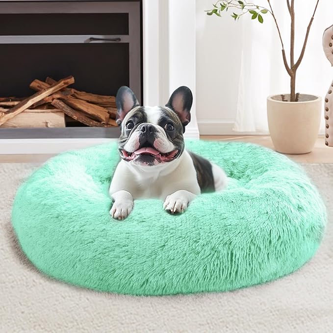 JOLLYVOGUE Calming Dog Bed Large Size Dog, Anti-Anxiety Donut Large Pet Bed, 36 inches Fluffy Faux Fur Round Cat Bed, Fits up to 75 lbs Pets (Mint Green)