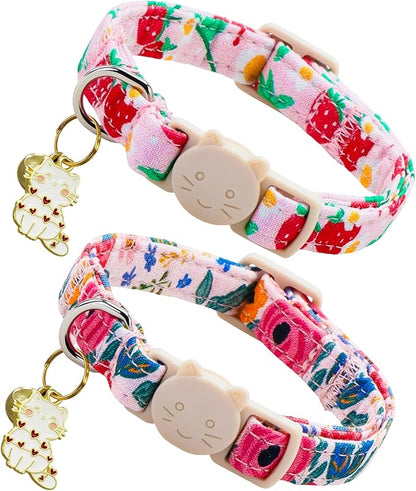 Spring Cat Collar-2 Pack Collars Strawberry and Flower Print Breakaway with Kitten and Bell Pendant Safety Buckle Adjustable Pet Collar Gift for Cats and Small Pets