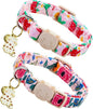 Spring Cat Collar-2 Pack Collars Strawberry and Flower Print Breakaway with Kitten and Bell Pendant Safety Buckle Adjustable Pet Collar Gift for Cats and Small Pets