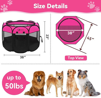 Dog Cat Playpen, Large Puppy Pet Playpen, Dog Crate Tent Cage Indoor/Outdoor, Portable Pop Up Dogs Kennel Playpen with Carrying Case for Dogs/Cats/Rabbits, Hot Pink