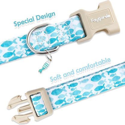 Faygarsle Fish Pattern Dog Collar, Adjustable with Buckle, Blue and White, Summer Design for Small Medium Large Dogs M