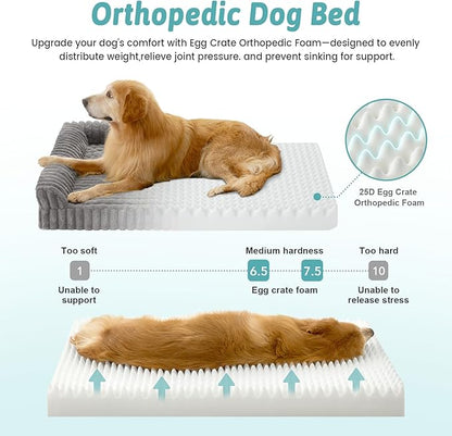 Cute Dog Bed, Faux Rabbit Fur Orthopedic Foam Dog Bed with Sides, Removable Washable Cover & Waterproof Lining, Comfortable Pet Couch for Large Dogs, Grey (44" L x 32" W x 7" Th)