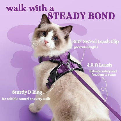 rabbitgoo Cat Harness and Leash for Walking, Escape Proof Soft Adjustable Vest Harnesses for Cats, Easy Control Breathable Reflective Strips Jacket, Purple, S
