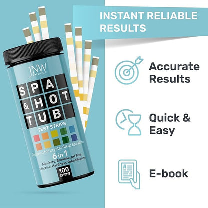 Hot Tub and Pool Test Strips - 6in1 Quick & Accurate Hot Tub, Spa, Pool Test Strips - 100 Water Test Strips, Water Test Kit with E-Book - Test Chlorine, Bromine, pH, Hardness, Alkalinity - JNW Direct