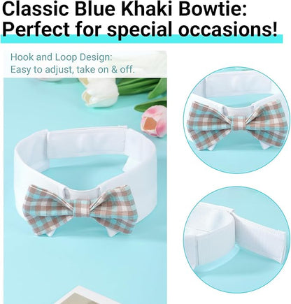 Segarty Dog Bow Tie for Neck Girth 12.6-15.7in, Adjustable Dogs Blue Khaki Plaid Plaid Bowtie Collar, Pet Neck Tie Tuxedo Comfortable Cotton Grooming Accessories for Formal Wedding Birthday Party