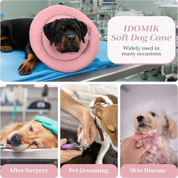 IDOMIK Dog Recovery Collar, Waterproof Soft Dog Cone After Surgery, Comfy Protective Elizabethan Collar Alternative for Dogs Cats, Adjustable Pet Neck Donut Cone Anti-Licking Biting Wounds,Pink,L