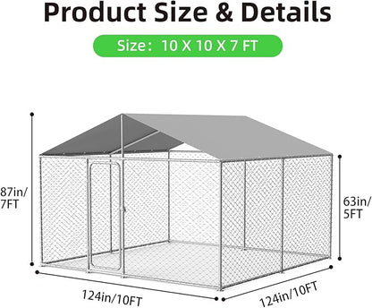 10'x10' Large Outdoor Dog Kennel, Heavy Duty Dog Enclosure with Roof, Weather Resistant Cover and Security Lock(124"x124")