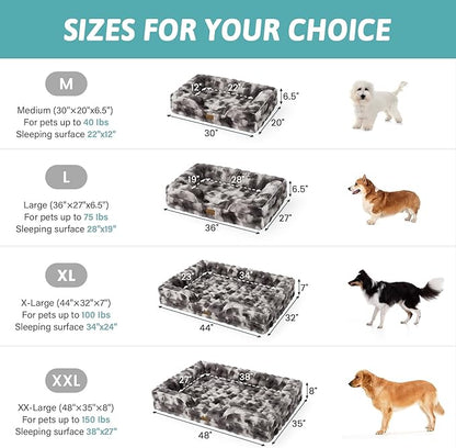 Orthopedic Dog Bed for Large Medium Size Dog, Soft and Warm Faux Fur Sofa for Pet Up to 75 lbs, Foam Bolster Anti-Slip Couch with Washable Removable Cover, L 36x27x6.5 inch, Tie Dye Grey